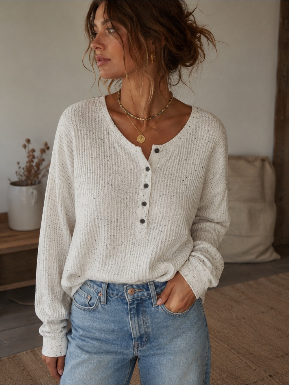 Old Navy Cream Henley Knit Scoop-Neck Sweater